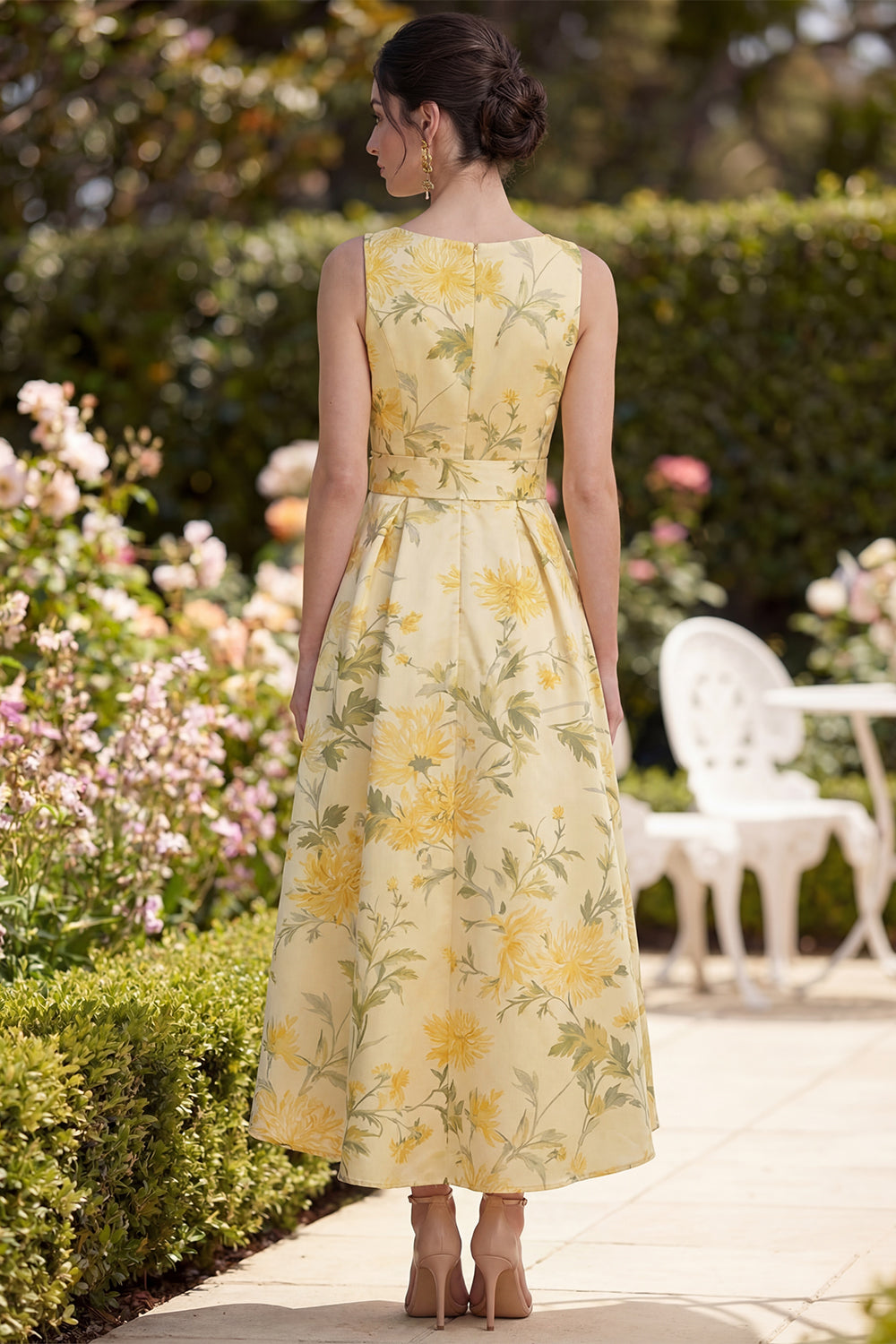 Floral Butter Yellow V-Neck Ruched A Line Maxi Wedding Guest Dress with Bow