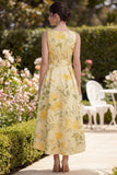 Floral Butter Yellow V-Neck Ruched A Line Maxi Wedding Guest Dress with Bow