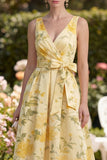Floral Butter Yellow V-Neck Ruched A Line Maxi Wedding Guest Dress with Bow