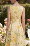 Floral Butter Yellow V-Neck Ruched A Line Maxi Wedding Guest Dress with Bow