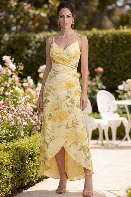Ruched Floral Butter Yellow Sheath Maxi Spaghetti Straps Wedding Guest Dress