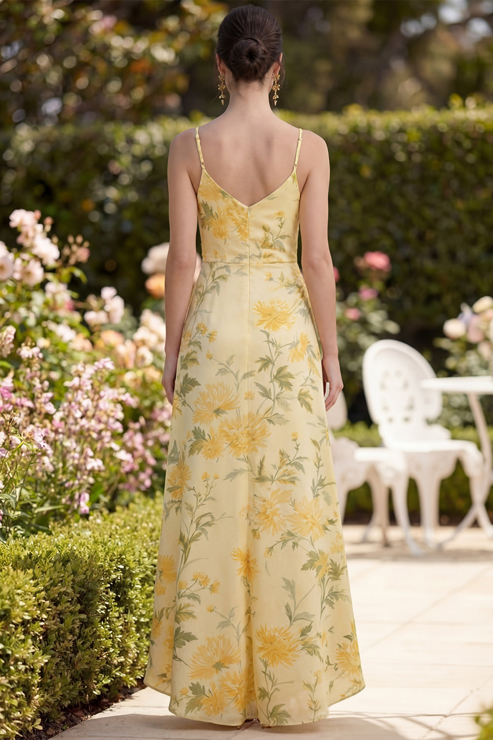 Ruched Floral Butter Yellow Sheath Maxi Spaghetti Straps Wedding Guest Dress