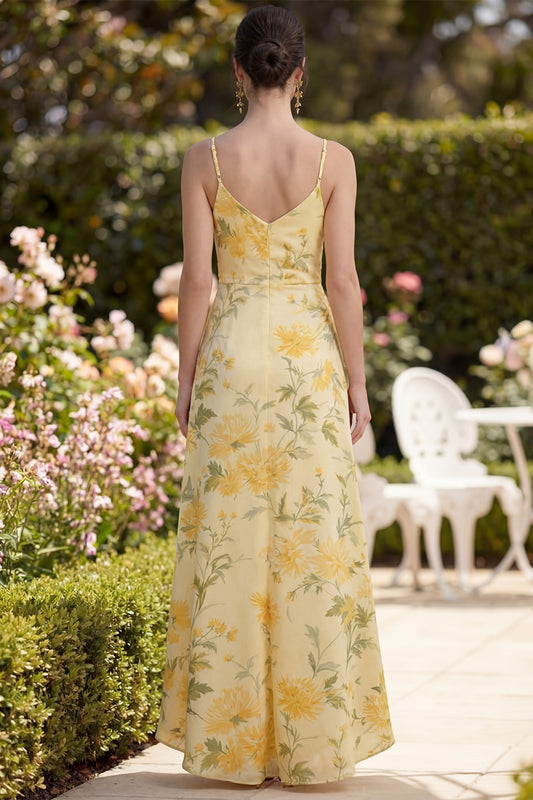 Ruched Floral Butter Yellow Sheath Maxi Spaghetti Straps Wedding Guest Dress