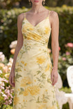 Ruched Floral Butter Yellow Sheath Maxi Spaghetti Straps Wedding Guest Dress