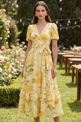 Floral Butter Yellow Ruffled Puff Sleeves A Line Maxi Wedding Guest Dress with Bow