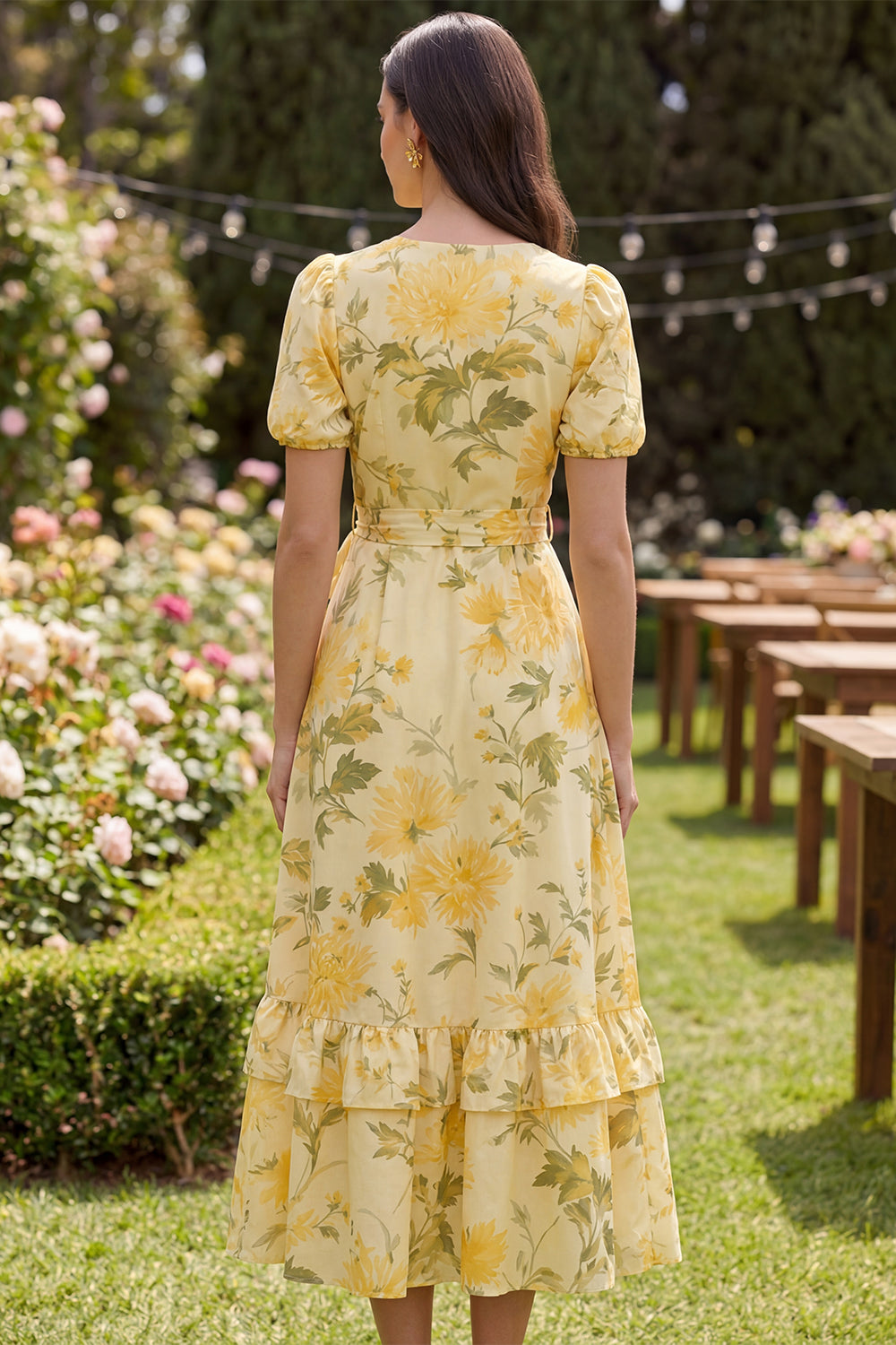 Floral Butter Yellow Ruffled Puff Sleeves A Line Maxi Wedding Guest Dress with Bow
