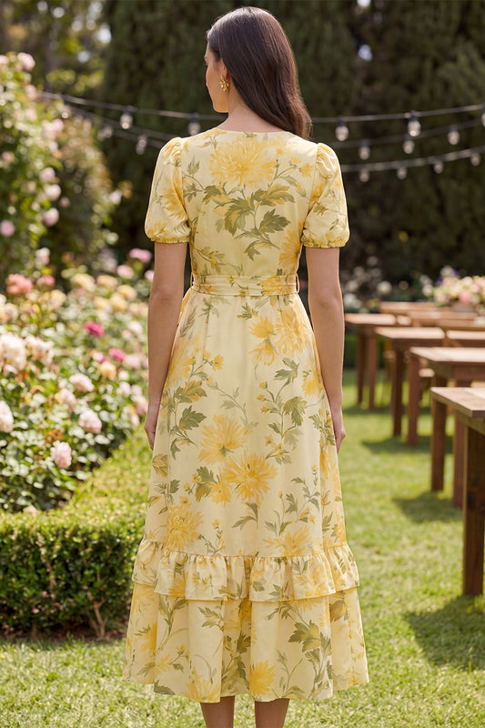 Floral Butter Yellow Ruffled Puff Sleeves A Line Maxi Wedding Guest Dress with Bow