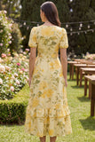 Floral Butter Yellow Ruffled Puff Sleeves A Line Maxi Wedding Guest Dress with Bow