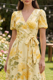 Floral Butter Yellow Ruffled Puff Sleeves A Line Maxi Wedding Guest Dress with Bow