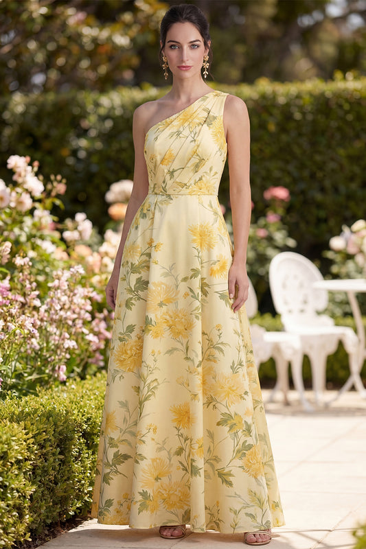 Zapakasa Women Butter Yellow Floral Maxi Wedding Guest Dress A Line Ruched  One Shoulder Formal Dress