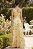 One Shoulder Ruched Floral Butter Yellow A Line Maxi Wedding Guest Dress