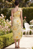 Floral One Shoulder Butter Yellow Ruched Maxi Wedding Guest Dress with Slit