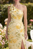 Floral One Shoulder Butter Yellow Ruched Maxi Wedding Guest Dress with Slit