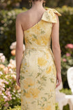 Floral One Shoulder Butter Yellow Ruched Maxi Wedding Guest Dress with Slit