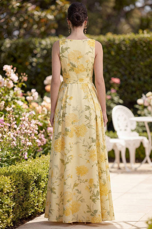 A Line Maxi Floral Butter Yellow V-Neck Ruched Wedding Guest Dress with Slit
