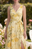 A Line Maxi Floral Butter Yellow V-Neck Ruched Wedding Guest Dress with Slit