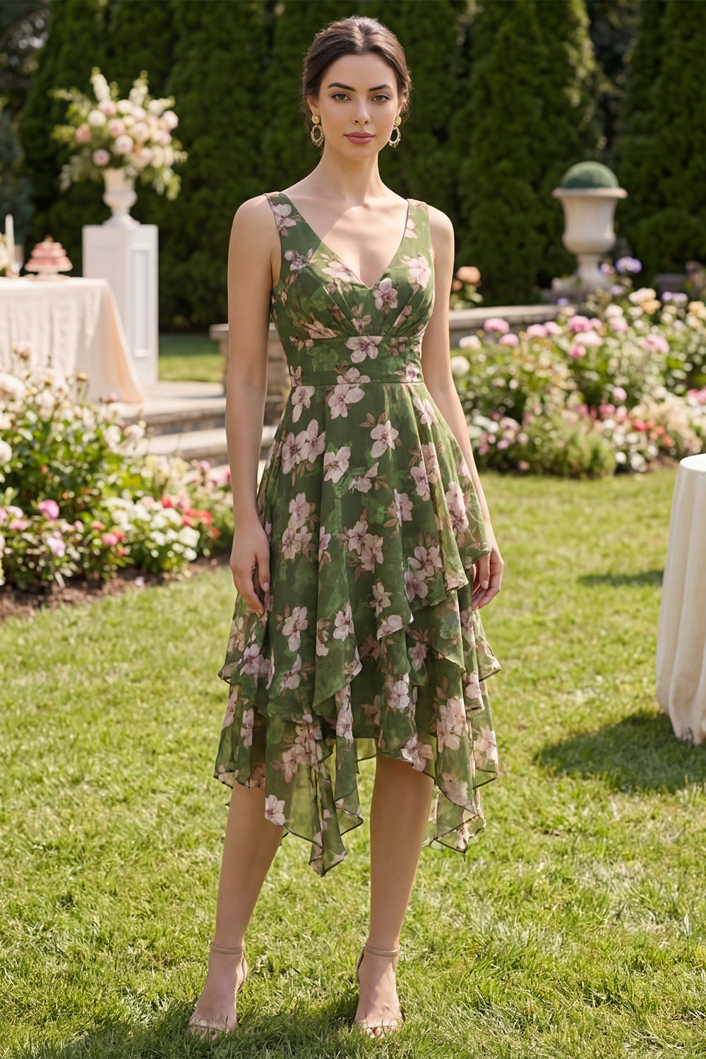 Dark Green Ruched Floral V-Neck A Line Asymmetrical Wedding Guest Dress with Ruffles
