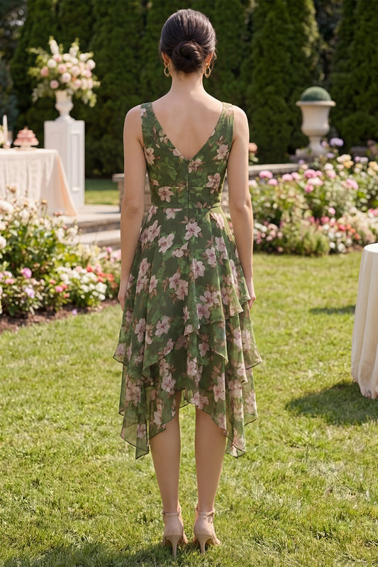 Dark Green Ruched Floral V-Neck A Line Asymmetrical Wedding Guest Dress with Ruffles