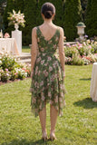 Dark Green Ruched Floral V-Neck A Line Asymmetrical Wedding Guest Dress with Ruffles