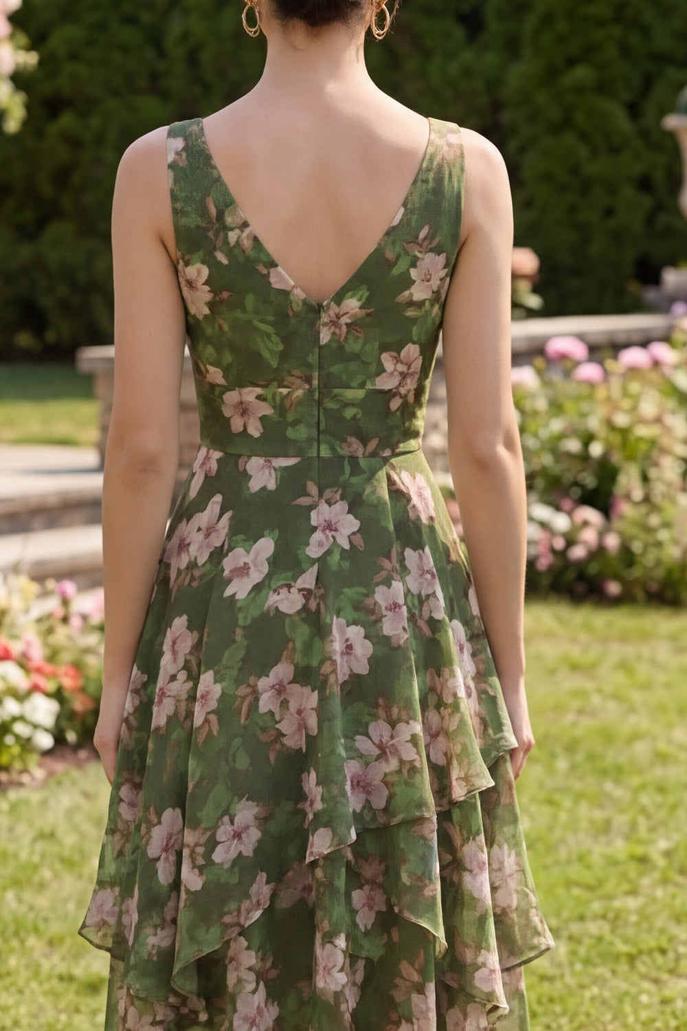 Dark Green Ruched Floral V-Neck A Line Asymmetrical Wedding Guest Dress with Ruffles