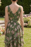 Dark Green Ruched Floral V-Neck A Line Asymmetrical Wedding Guest Dress with Ruffles