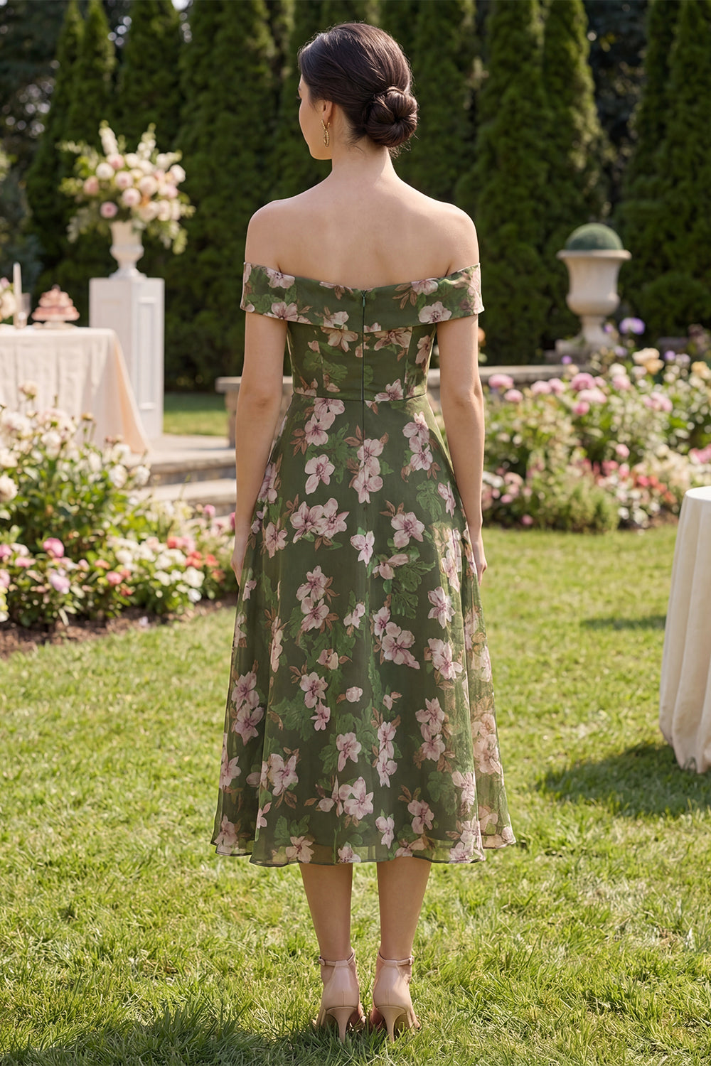 Off the Shoulder Floral Dark Green A Line Maxi Beach Wedding Guest Dress