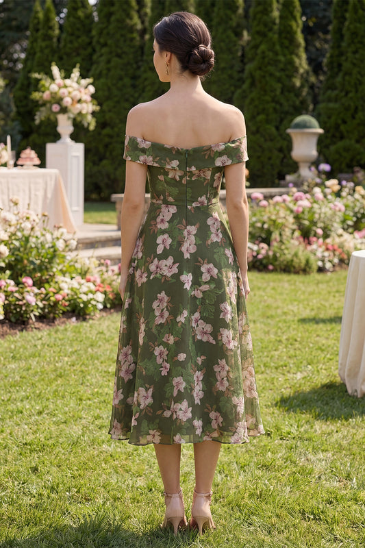 Off the Shoulder Floral Dark Green A Line Maxi Beach Wedding Guest Dress