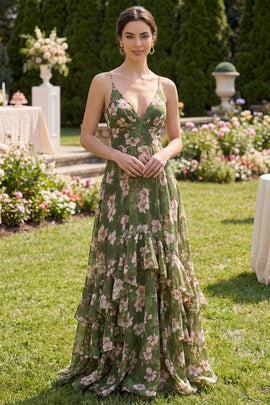 Spaghetti Straps Dark Green Floral A Line Long Beach Wedding Guest Dress with Ruffles