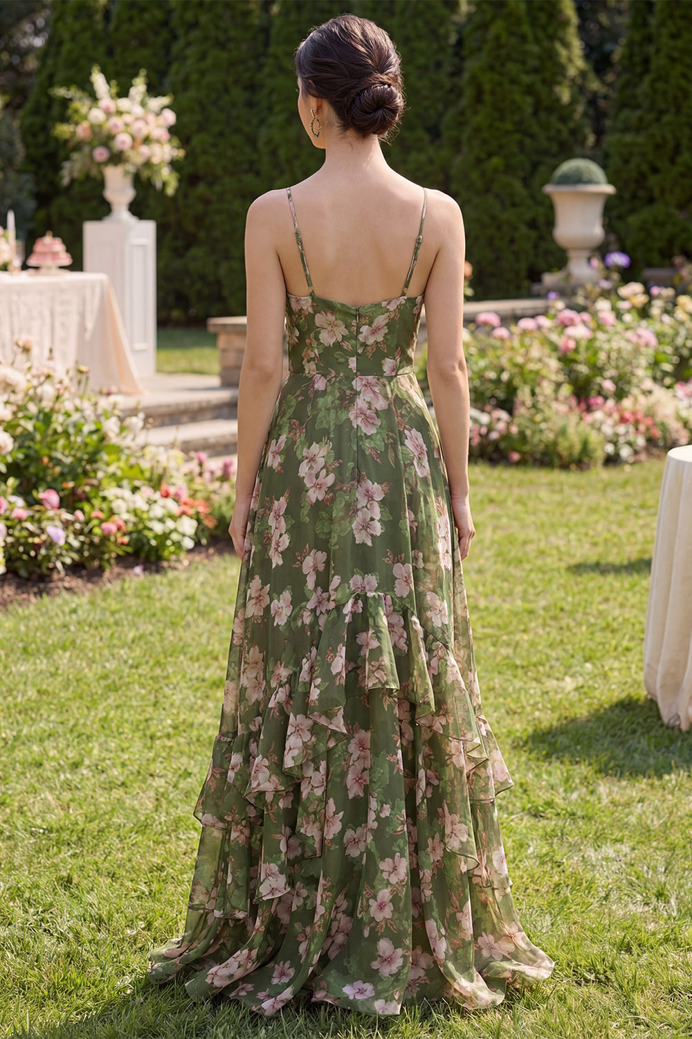 Spaghetti Straps Dark Green Floral A Line Long Beach Wedding Guest Dress with Ruffles