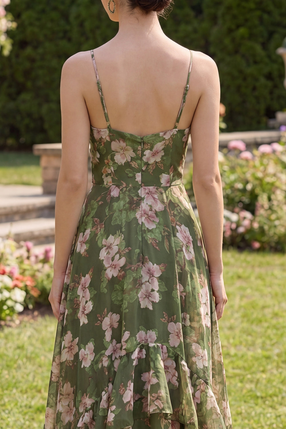 Spaghetti Straps Dark Green Floral A Line Long Beach Wedding Guest Dress with Ruffles