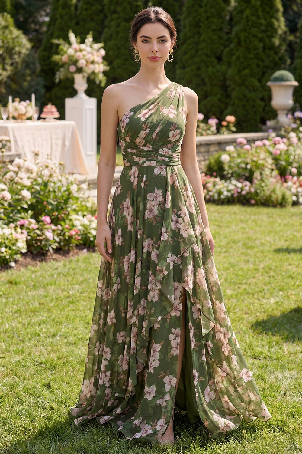 Ruffled Dark Green Floral Ruched A Line Long Beach Wedding Guest Dress with Slit