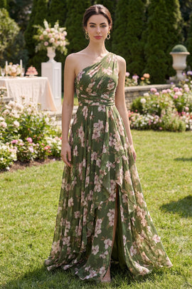 Ruffled Dark Green Floral Ruched A Line Long Beach Wedding Guest Dress with Slit
