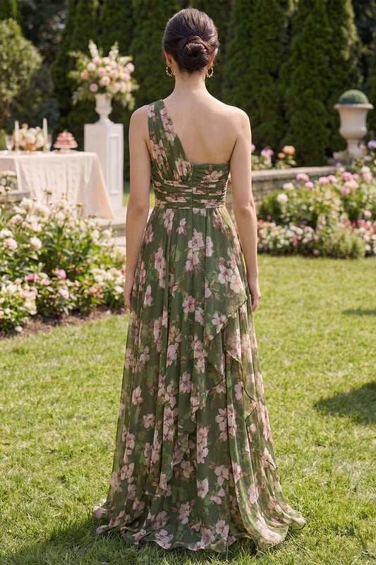 Ruffled Dark Green Floral Ruched A Line Long Beach Wedding Guest Dress with Slit