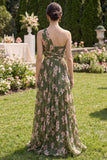 Ruffled Dark Green Floral Ruched A Line Long Beach Wedding Guest Dress with Slit