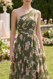 Ruffled Dark Green Floral Ruched A Line Long Beach Wedding Guest Dress with Slit