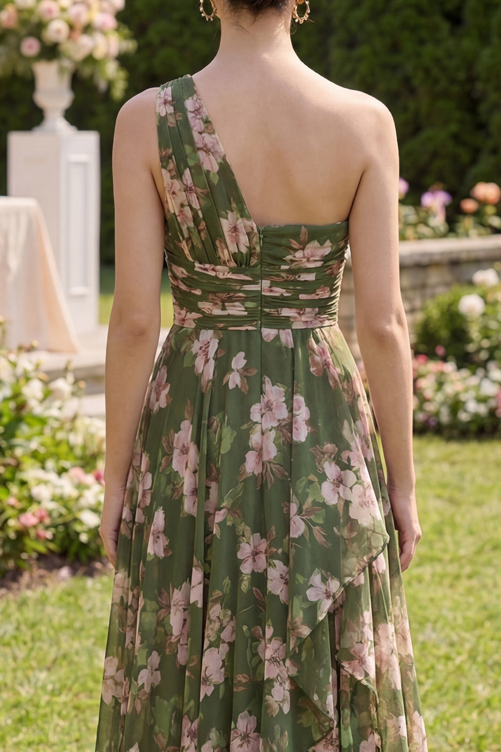Ruffled Dark Green Floral Ruched A Line Long Beach Wedding Guest Dress with Slit