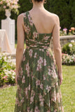 Ruffled Dark Green Floral Ruched A Line Long Beach Wedding Guest Dress with Slit