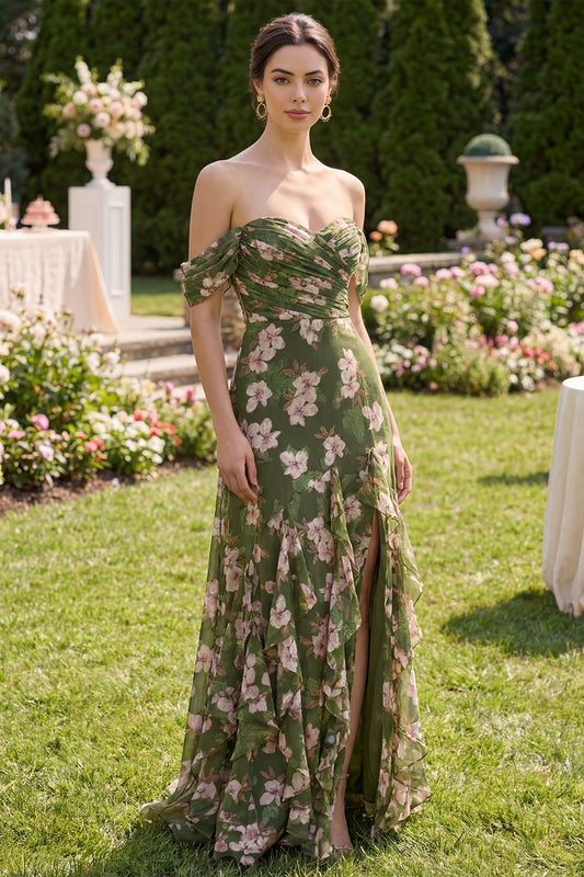 Long Dark Green Floral Ruched A Line Beach Wedding Guest Dress with Ruffles