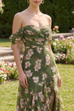 Long Dark Green Floral Ruched A Line Beach Wedding Guest Dress with Ruffles