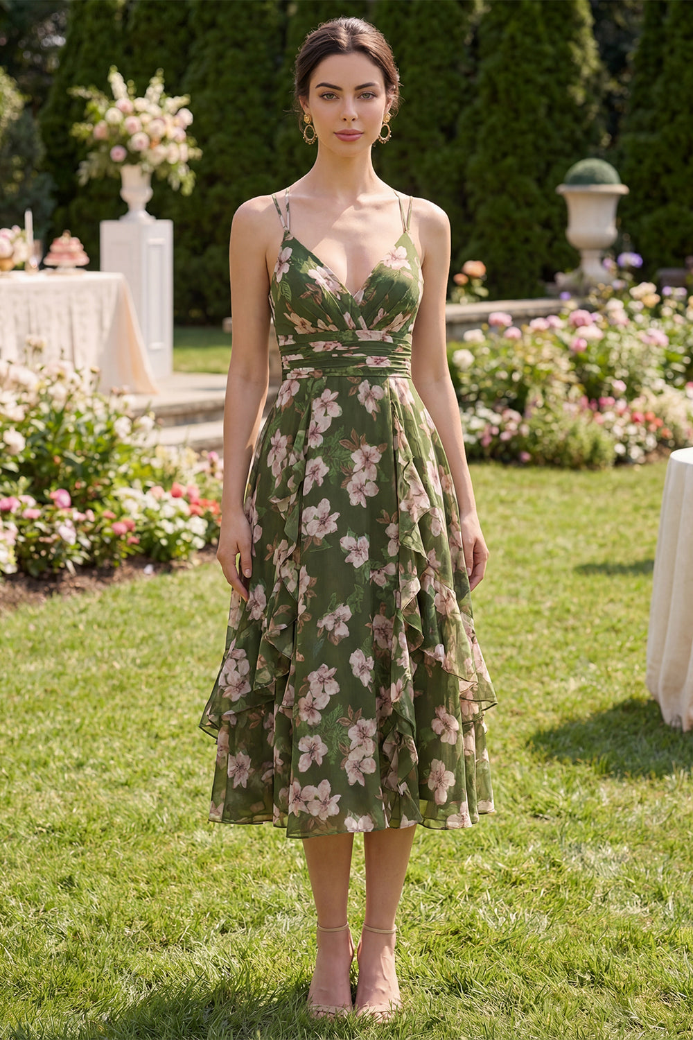 V-Neck Dark Green Floral A Line Ruched Maxi Beach Wedding Guest Dress with Ruffles