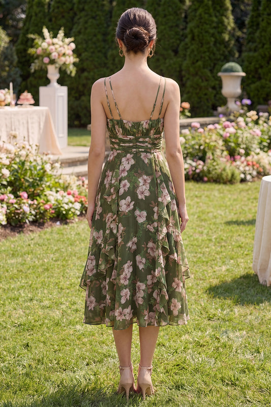 V-Neck Dark Green Floral A Line Ruched Maxi Beach Wedding Guest Dress with Ruffles