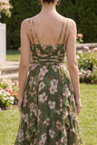 V-Neck Dark Green Floral A Line Ruched Maxi Beach Wedding Guest Dress with Ruffles