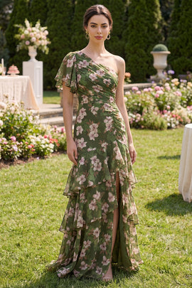 Flutter Sleeves Dark Green Floral A Line Long Beach Wedding Guest Dress with Ruffles