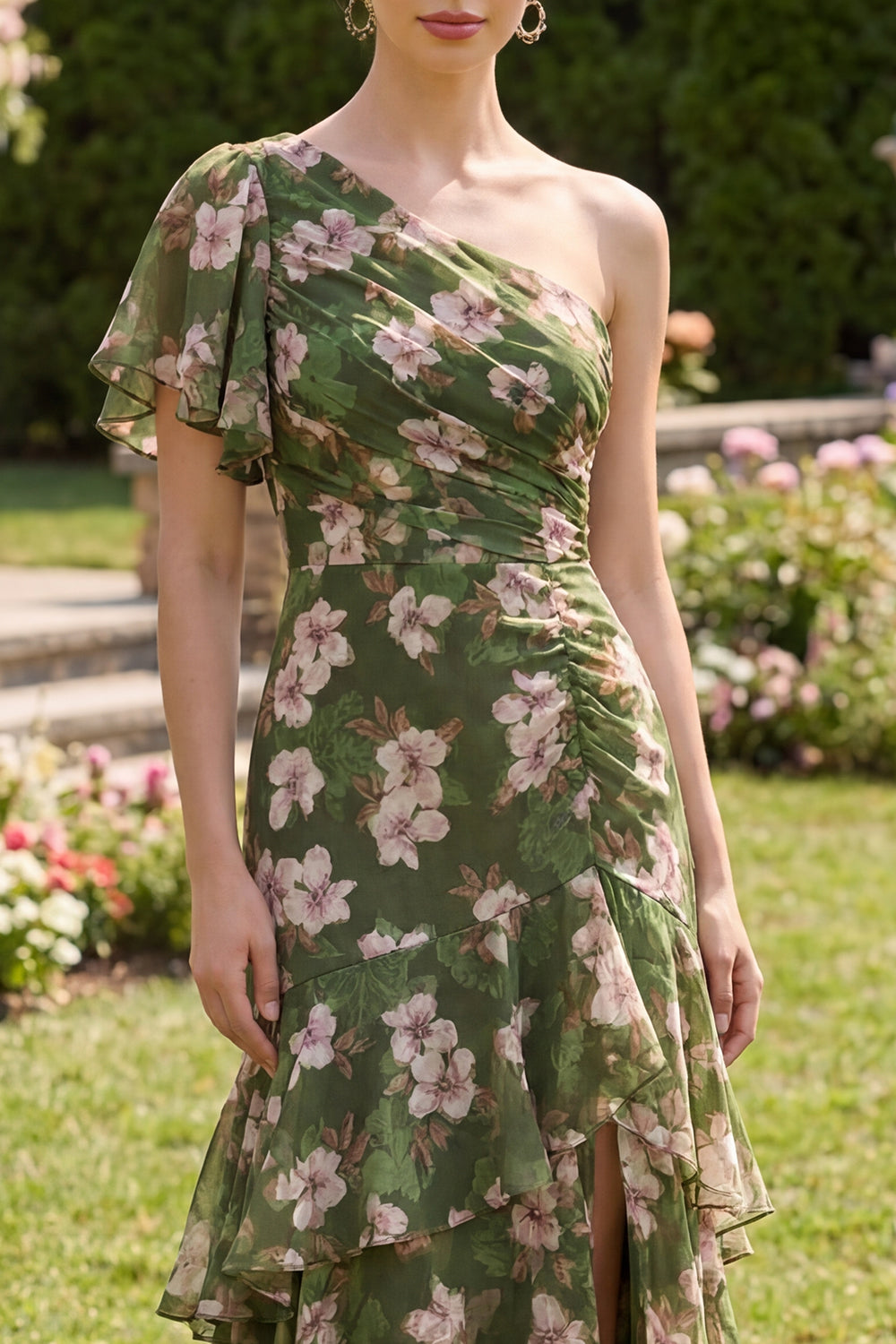 Flutter Sleeves Dark Green Floral A Line Long Beach Wedding Guest Dress with Ruffles