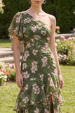 Flutter Sleeves Dark Green Floral A Line Long Beach Wedding Guest Dress with Ruffles