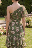 Flutter Sleeves Dark Green Floral A Line Long Beach Wedding Guest Dress with Ruffles