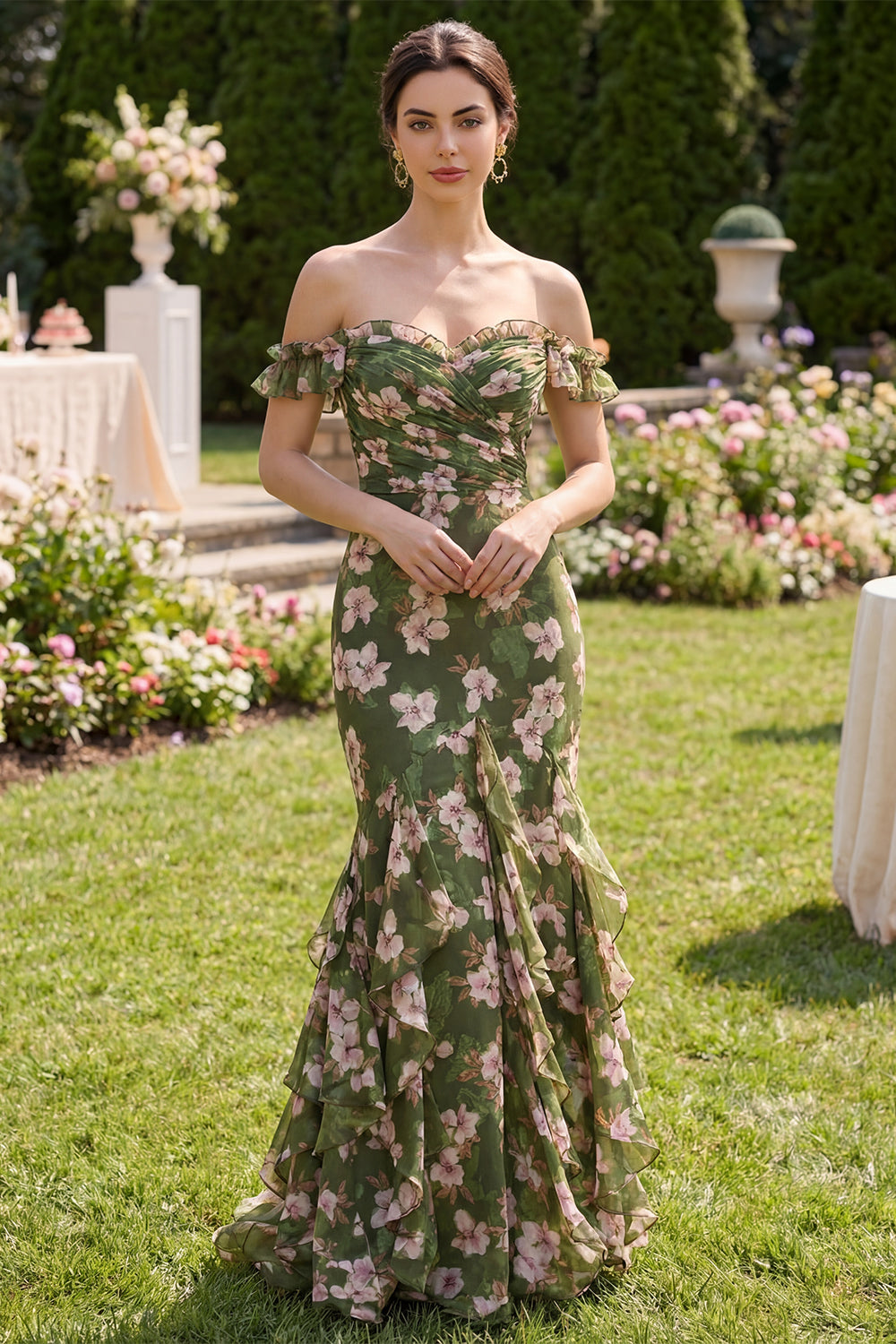 Mermaid Dark Green Floral Long Beach Wedding Guest Dress with Ruffles
