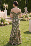 Mermaid Dark Green Floral Long Beach Wedding Guest Dress with Ruffles
