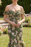 Mermaid Dark Green Floral Long Beach Wedding Guest Dress with Ruffles
