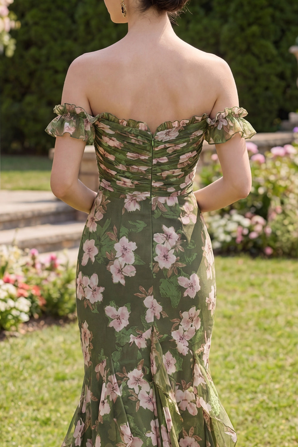 Mermaid Dark Green Floral Long Beach Wedding Guest Dress with Ruffles